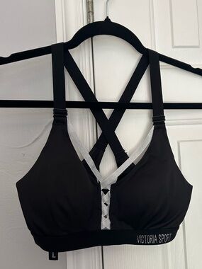 Victoria’s Secret Victoria Sport Black Strappy Sports Bra with Silver Trim